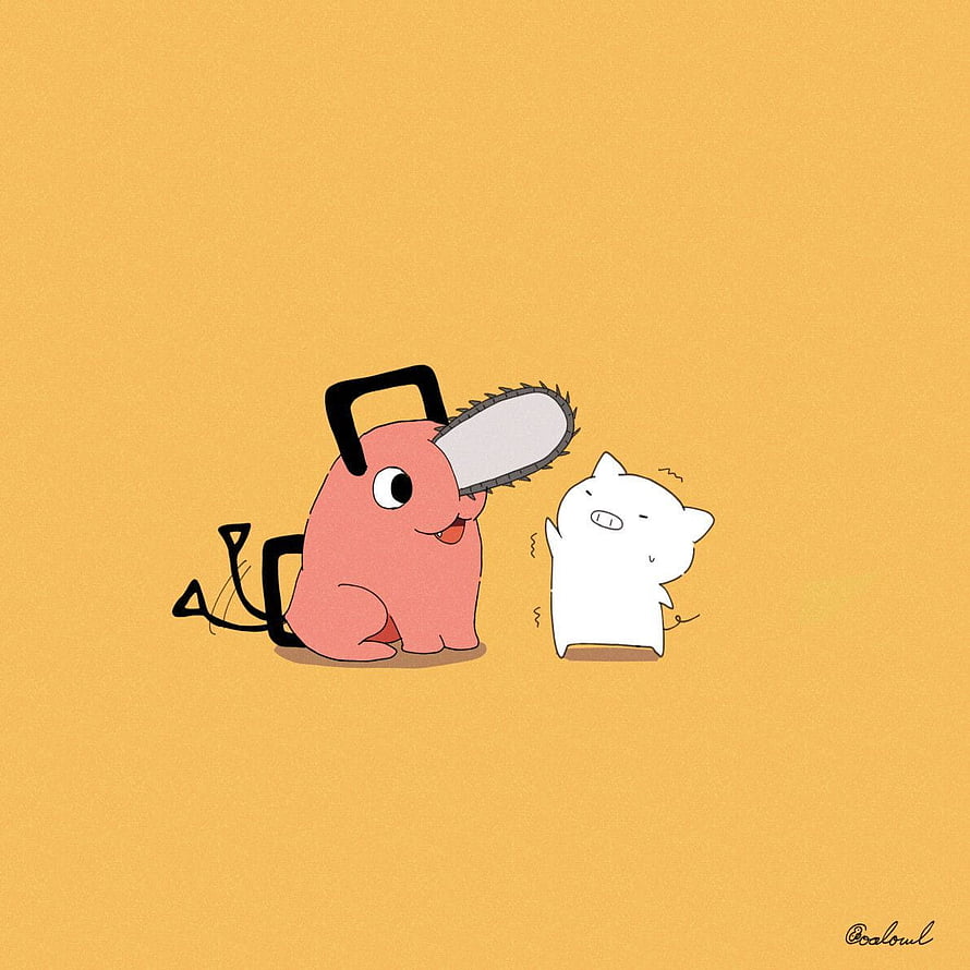 Chainsaw Man Pochita and White Cat Character on Warm Yellow Background HD phone wallpaper