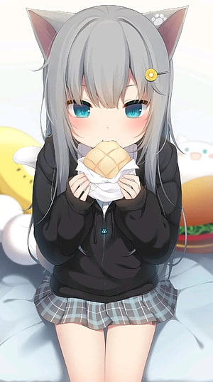 Nako Nek Anime Cat Girl Eating Bread in Black Hoodie and Plaid Skirt HD phone wallpaper