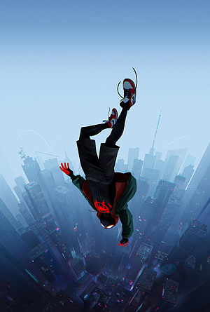 Miles Morales Spider-Man Falling Headfirst Over a Futuristic Cityscape in Cinematic Digital Art, Spider Man Into The Spider Verse ... tip, into the spider verse HD phone wallpaper