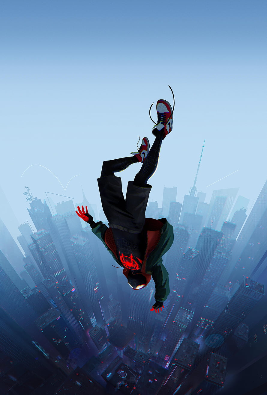 Miles Morales Spider-Man Falling Headfirst Over a Futuristic Cityscape in Cinematic Digital Art, Spider Man Into The Spider Verse ... tip, into the spider verse HD phone wallpaper