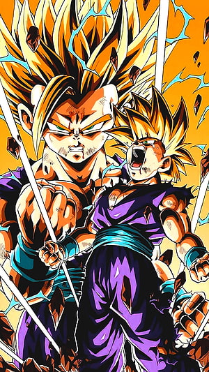 Super Saiyan 2 Gohan and Goku in Intense Dragon Ball Z Battle Scene HD phone wallpaper