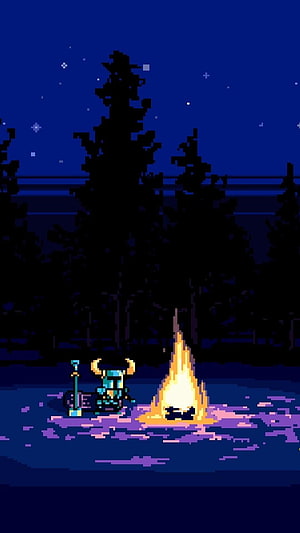 Pixel Art Viking Character Sitting by a Campfire in a Dark Forest at Night HD phone wallpaper