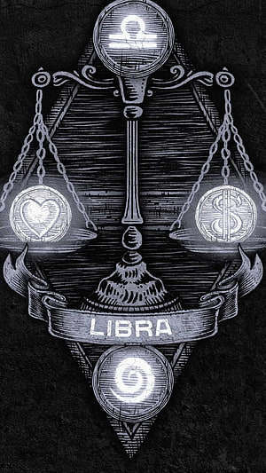 Libra Zodiac Scales Illustration with Celestial Symbols and Ornate Banner HD phone wallpaper