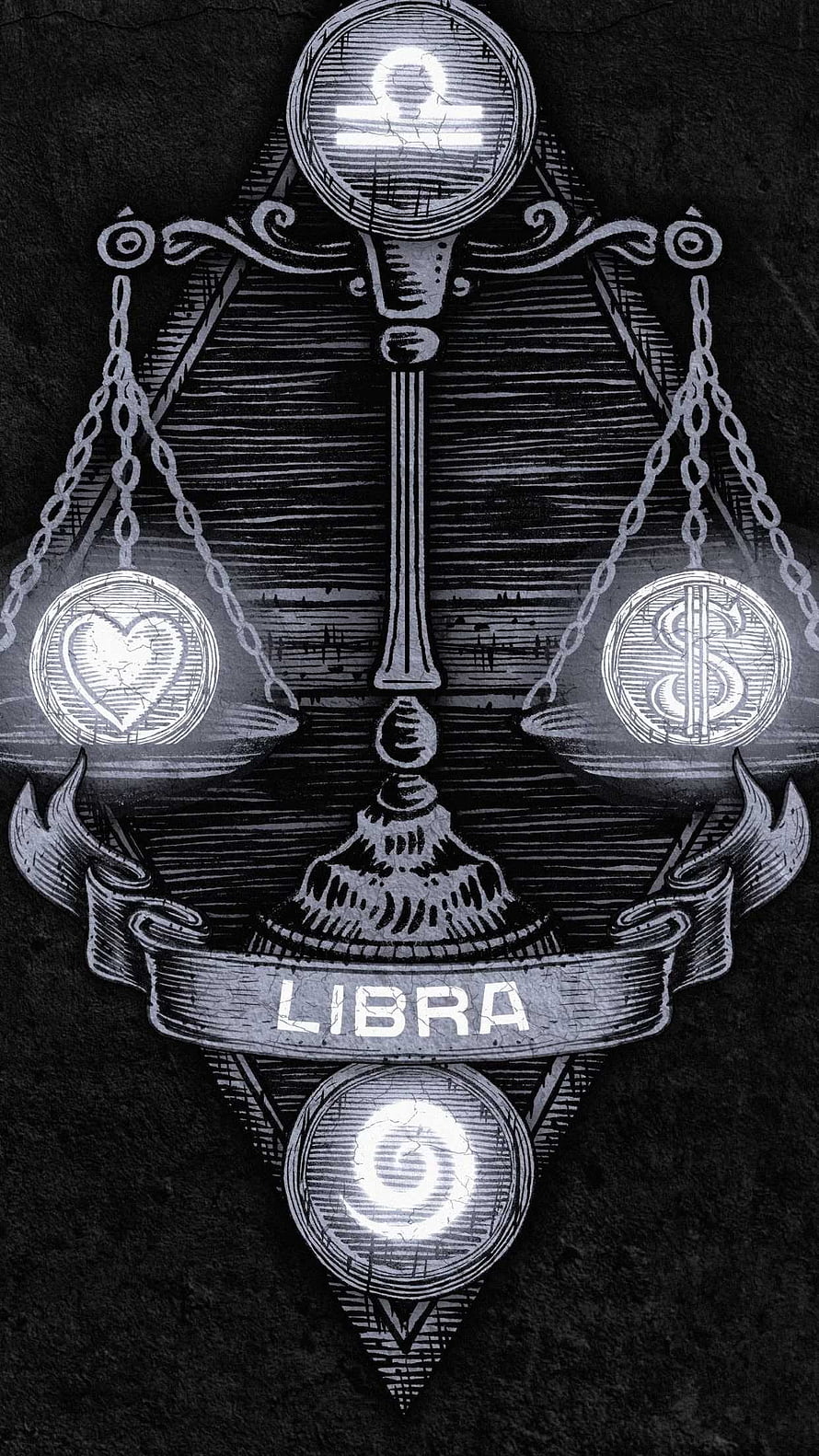 Libra Zodiac Scales Illustration with Celestial Symbols and Ornate Banner HD phone wallpaper