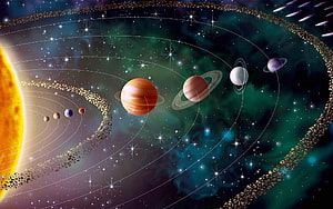 Vibrant Solar System Illustration Featuring Planets, Asteroid Belt, and Nebula Background HD wallpaper