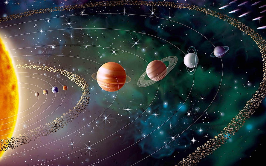 Vibrant Solar System Illustration Featuring Planets, Asteroid Belt, and Nebula Background HD wallpaper