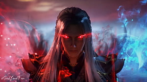 Tang San with glowing red eyes and dual elemental energy aura in dramatic 3D animation HD wallpaper