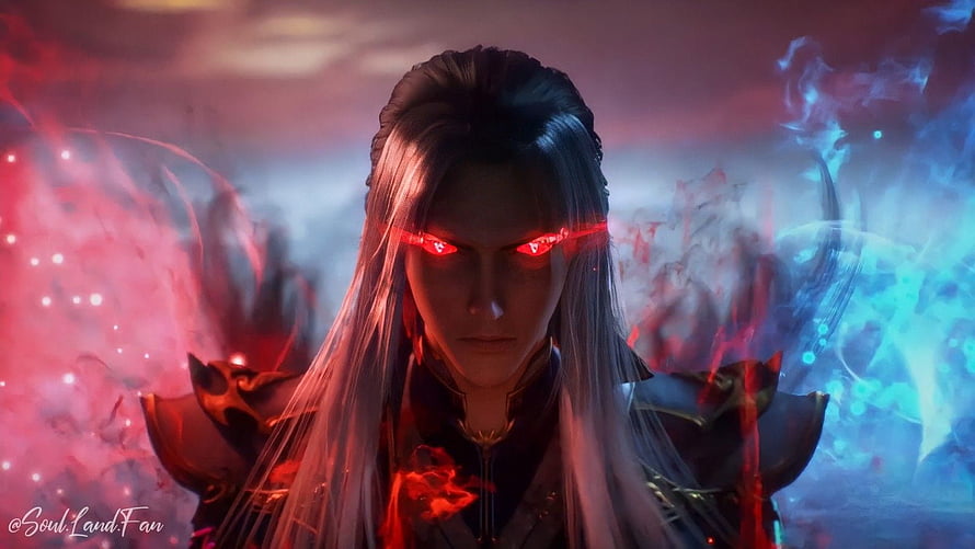 Tang San with glowing red eyes and dual elemental energy aura in dramatic 3D animation HD wallpaper