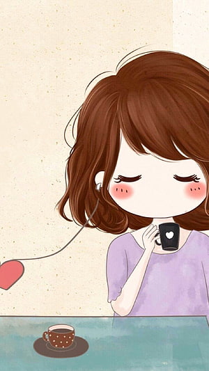 Cute Anime Girl with Headphones and Coffee Mug in Soft Watercolor Style HD phone wallpaper