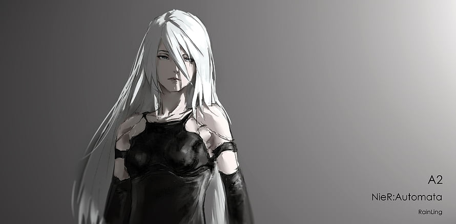 A2 from NieR Automata in a moody black and white digital illustration HD wallpaper