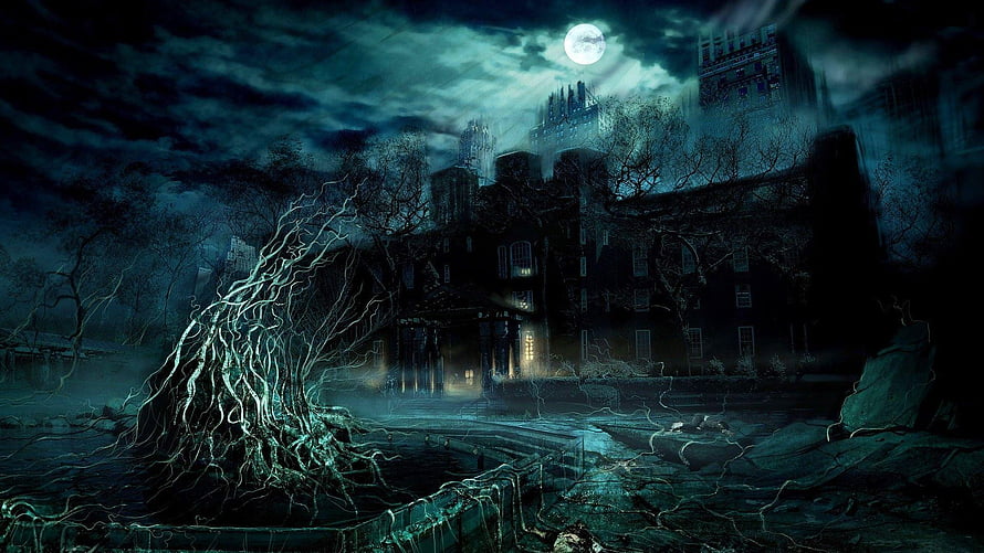 Eerie Gothic Manor Under a Full Moon with Twisted Roots and Misty Atmosphere HD wallpaper
