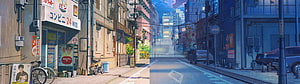 Dual Screen Anime Street Scene With Convenience Store And Parked Cars HD wallpaper
