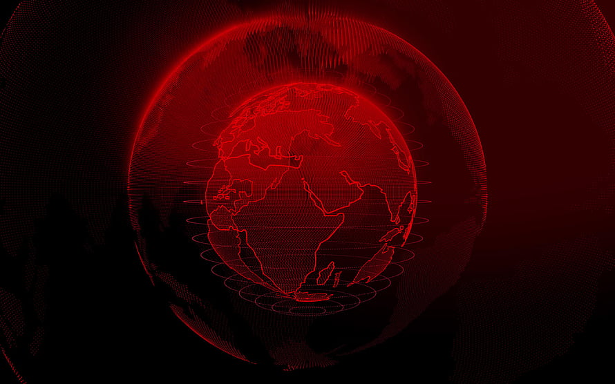 Red Digital Globe with Global Network Connections and Technology Grid HD wallpaper