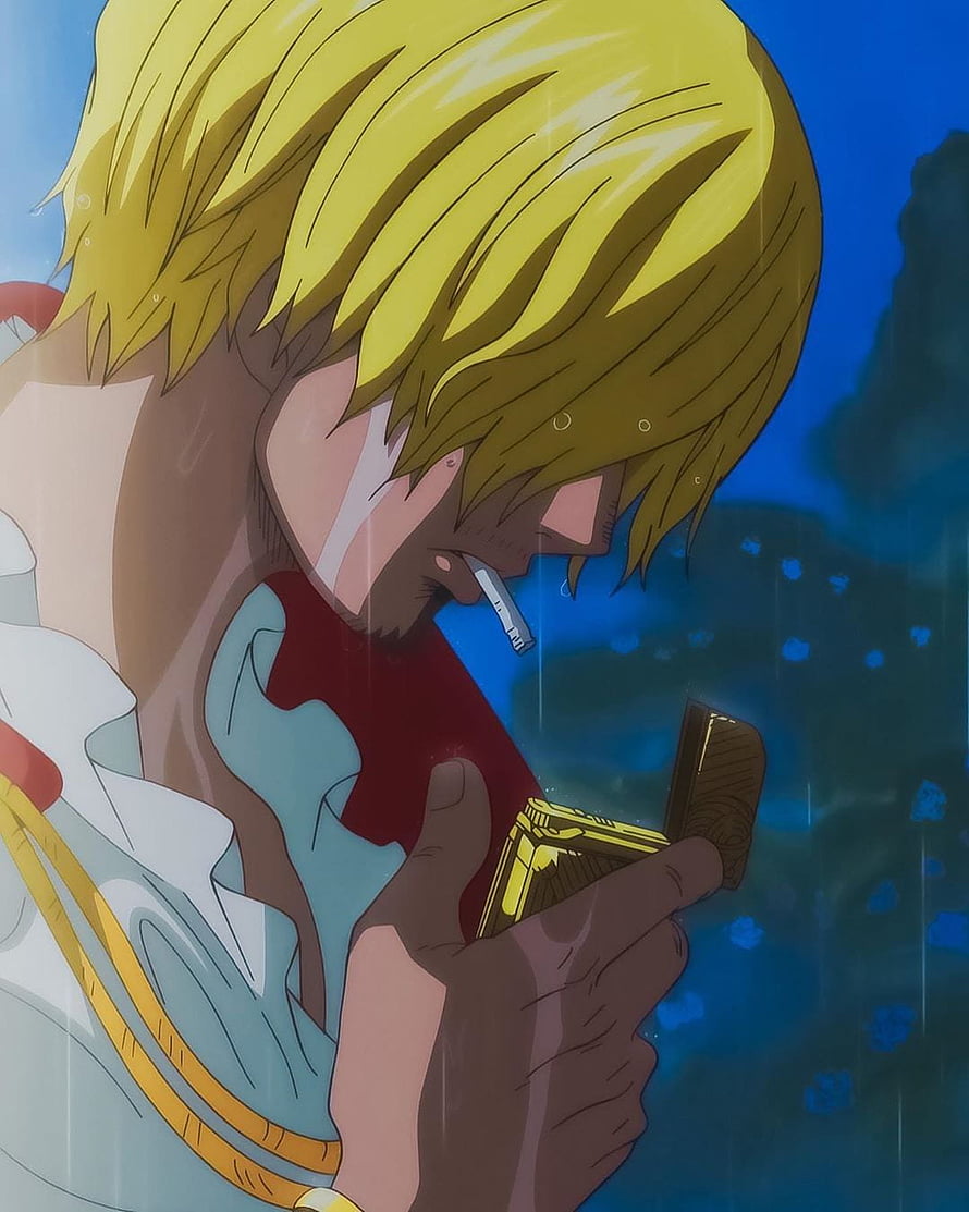 Sanji from One Piece Smoking in the Rain with a Gold Phone HD phone wallpaper