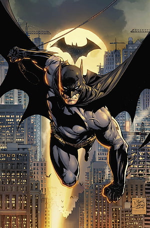 Batman Soaring Over Gotham City at Night with Full Moon and Bat Signal HD phone wallpaper