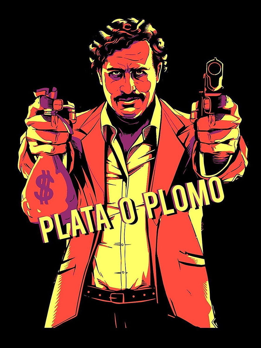 Pablo Escobar Pop Art Illustration Holding Gun and Money Bag with Plata o Plomo Text HD phone wallpaper