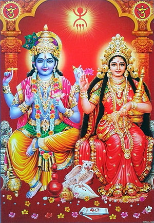 Vishnu and Lakshmi Seated Together in Traditional Indian Deity Art HD phone wallpaper