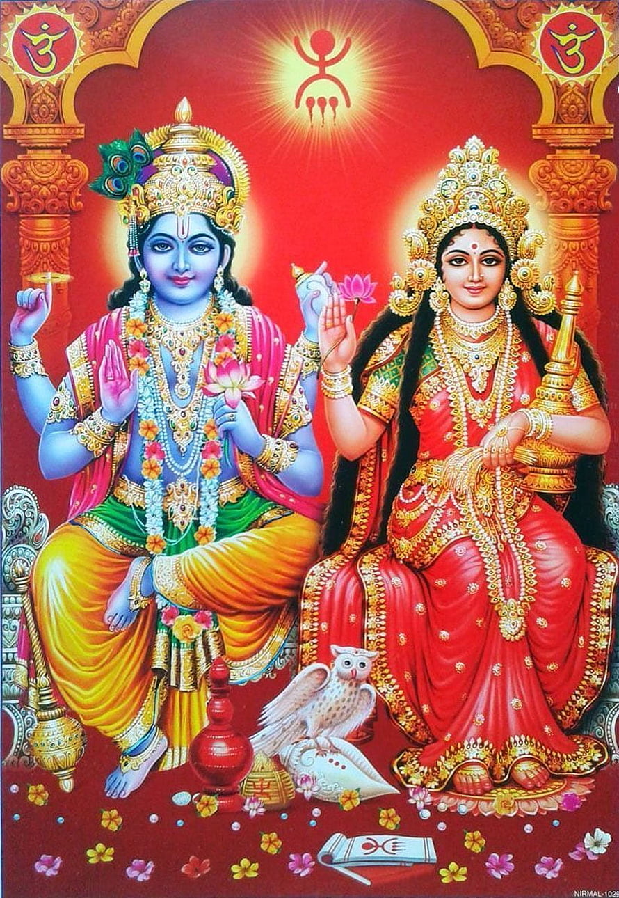 Vishnu and Lakshmi Seated Together in Traditional Indian Deity Art HD phone wallpaper