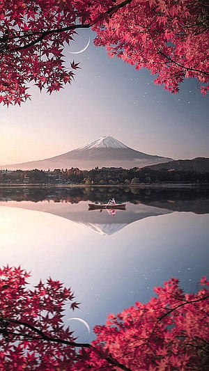Mount Fuji Reflection in Lake with Autumn Maple Leaves and Crescent Moon HD phone wallpaper