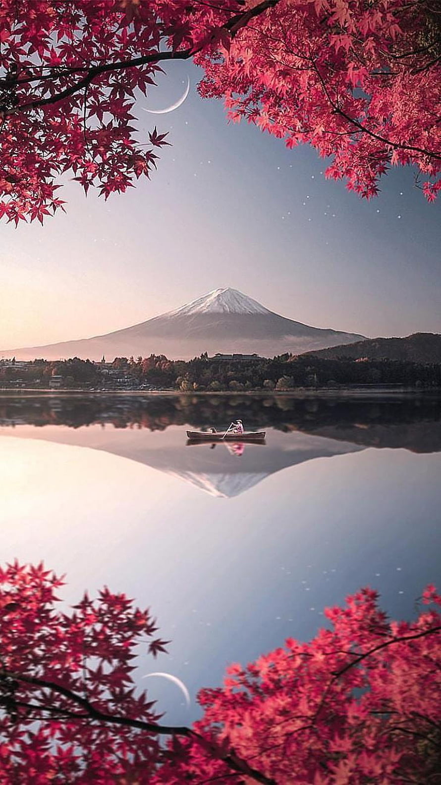 Mount Fuji Reflection in Lake with Autumn Maple Leaves and Crescent Moon HD phone wallpaper