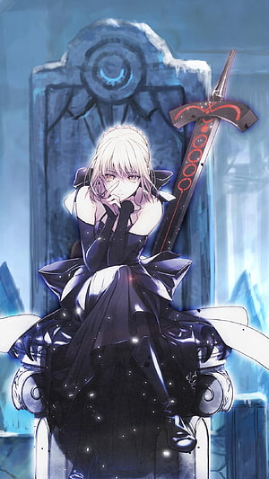 Saber Alter from Fate Stay Night Seated on Throne with Excalibur Morgan HD phone wallpaper