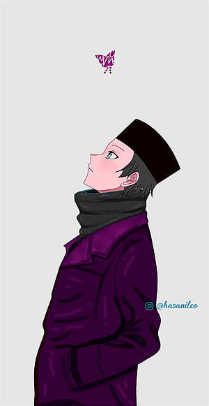 Anime Boy in Purple Coat and Black Cap Looking Up at Butterfly HD phone wallpaper