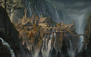 Rivendell Elven City in the Misty Mountains with Waterfalls and Gothic Architecture HD wallpaper
