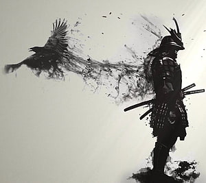 Ink Wash Samurai Warrior With Raven and Katana Silhouette HD wallpaper