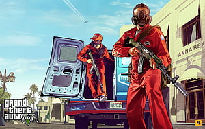 Grand Theft Auto V Armed Heist Crew in Red Jumpsuits and Gas Masks HD wallpaper