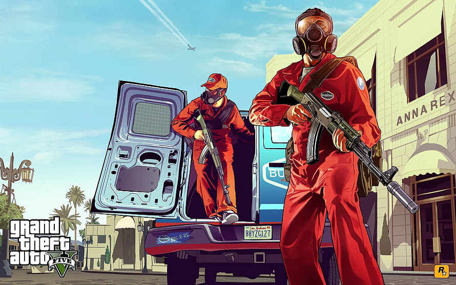 Grand Theft Auto V Armed Heist Crew in Red Jumpsuits and Gas Masks HD wallpaper