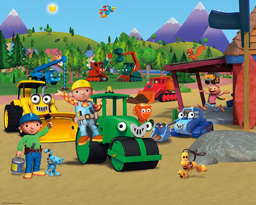 Bob the Builder cartoon scene with friendly construction vehicles, workers, and animals in a colorful outdoor setting HD wallpaper