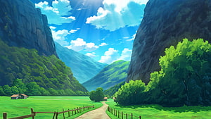 Serene Anime Valley Landscape with Sunlit Path and Lush Green Hills HD wallpaper