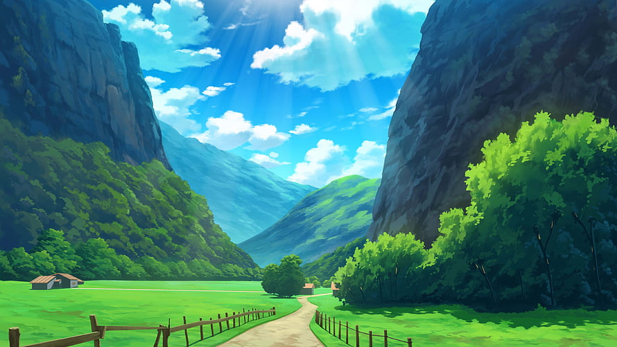 Serene Anime Valley Landscape with Sunlit Path and Lush Green Hills HD wallpaper