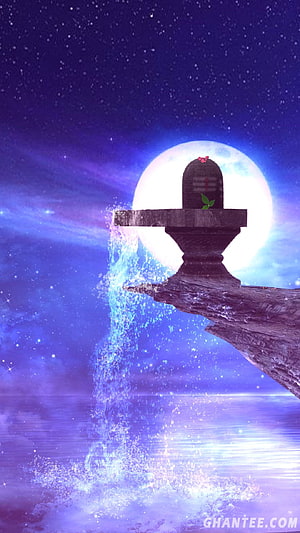 Shivling on a floating rock with cascading water against a full moon and starry night sky HD phone wallpaper