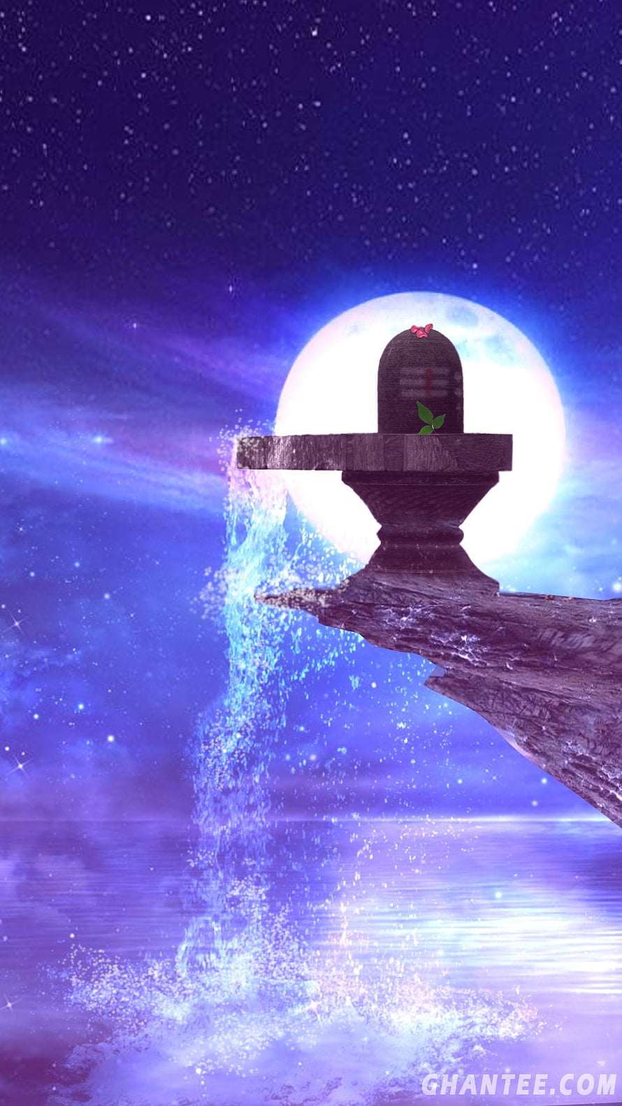 Shivling on a floating rock with cascading water against a full moon and starry night sky HD phone wallpaper