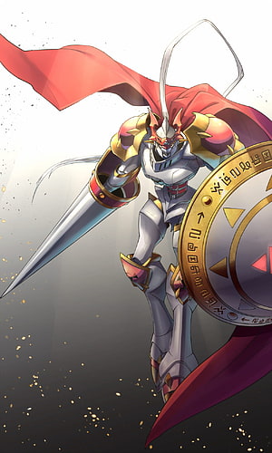 Gallantmon Anime Knight with Red Cape and Golden Shield HD phone wallpaper