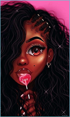 Stylized Digital Art of a Black Woman with Curly Hair and a Heart Lollipop, pretty black girl cartoon, #Black Girl Cartoon HD phone wallpaper