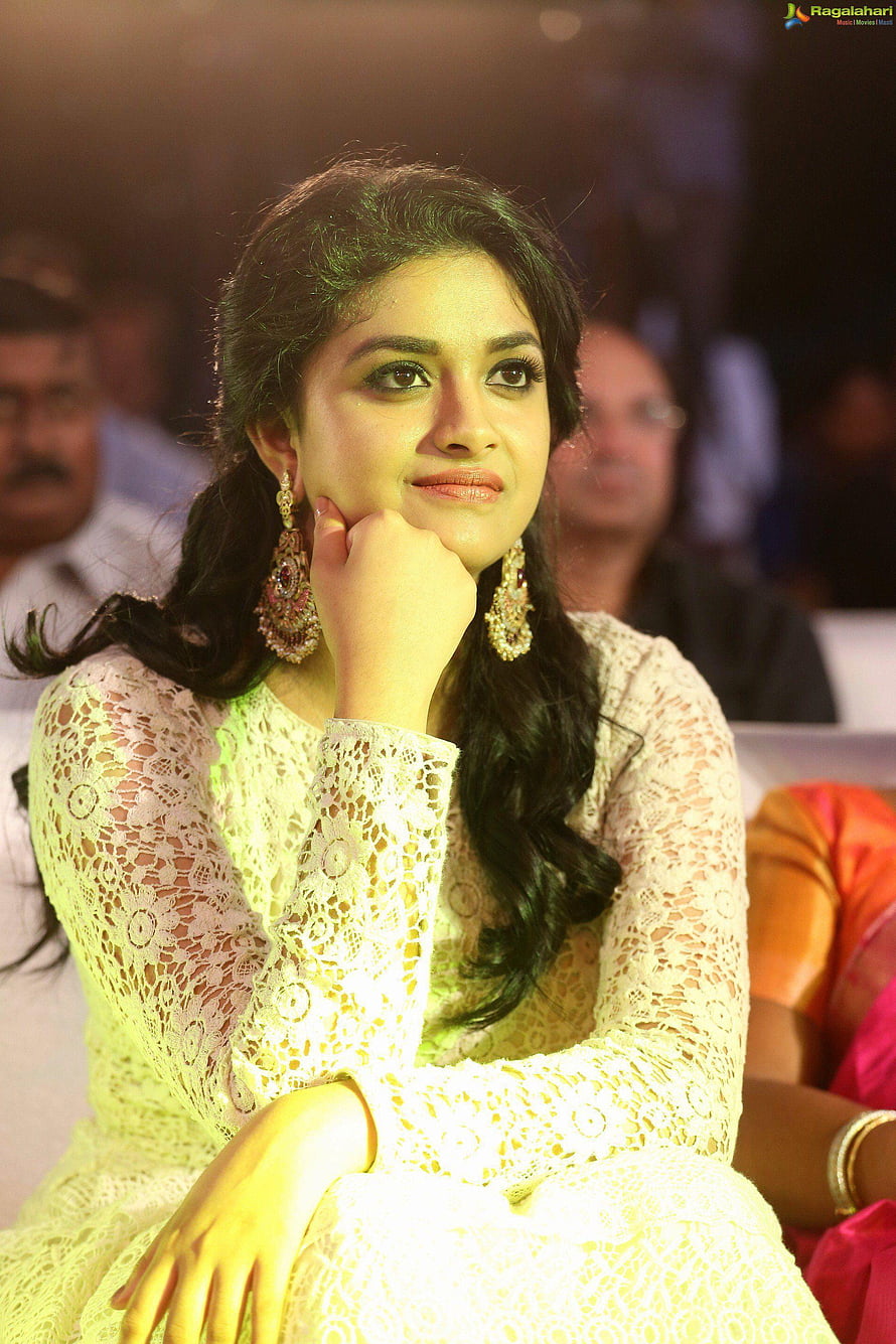 Keerthy Suresh in Elegant White Lace Dress with Traditional Jewelry at Event HD phone wallpaper