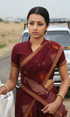 Trisha in a Maroon Silk Saree with Gold Border and Traditional Jewelry HD phone wallpaper