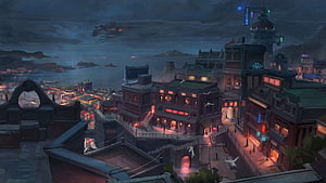 Steampunk Cityscape at Night with Glowing Windows and Flying Airship HD wallpaper