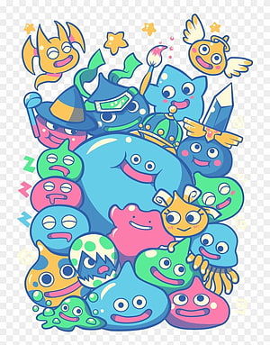 Dragon Quest Slime Party Illustration with Colorful Characters and Fantasy Elements HD phone wallpaper