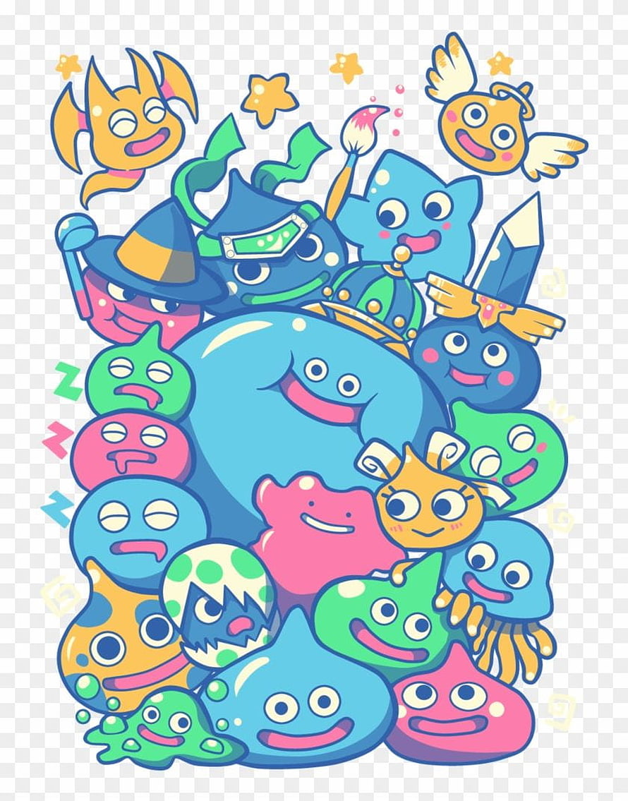 Dragon Quest Slime Party Illustration with Colorful Characters and Fantasy Elements HD phone wallpaper
