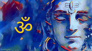 Lord Shiva Digital Art Portrait With Om Symbol And Third Eye In Blue And Orange Palette HD wallpaper