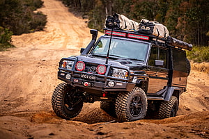 Black Toyota Land Cruiser 79 Series Off-Road Adventure on a Dirt Trail HD wallpaper