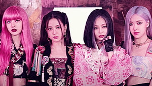 Blackpink Members in Traditional Korean Hanbok with Vibrant Hair Colors HD wallpaper