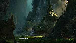 Lord Shiva Meditating in Ancient Jungle Ruins with Waterfall and Deer HD wallpaper
