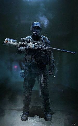 Tactical Soldier Holding Sniper Rifle in Dark Foggy Environment HD phone wallpaper