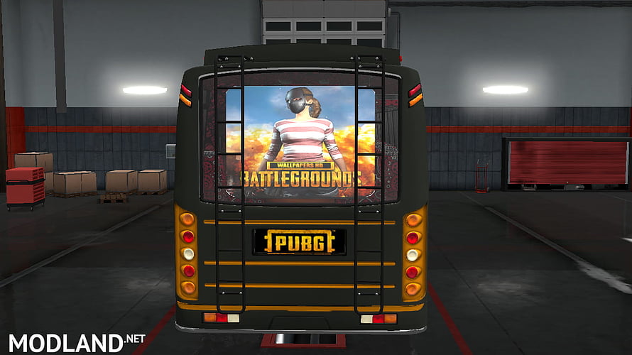 PUBG Themed Bus Rear View with Battlegrounds Artwork in Garage Setting HD wallpaper