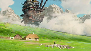 Howl's Moving Castle Stepping Through Misty Mountain Passes in Studio Ghibli Animation HD wallpaper