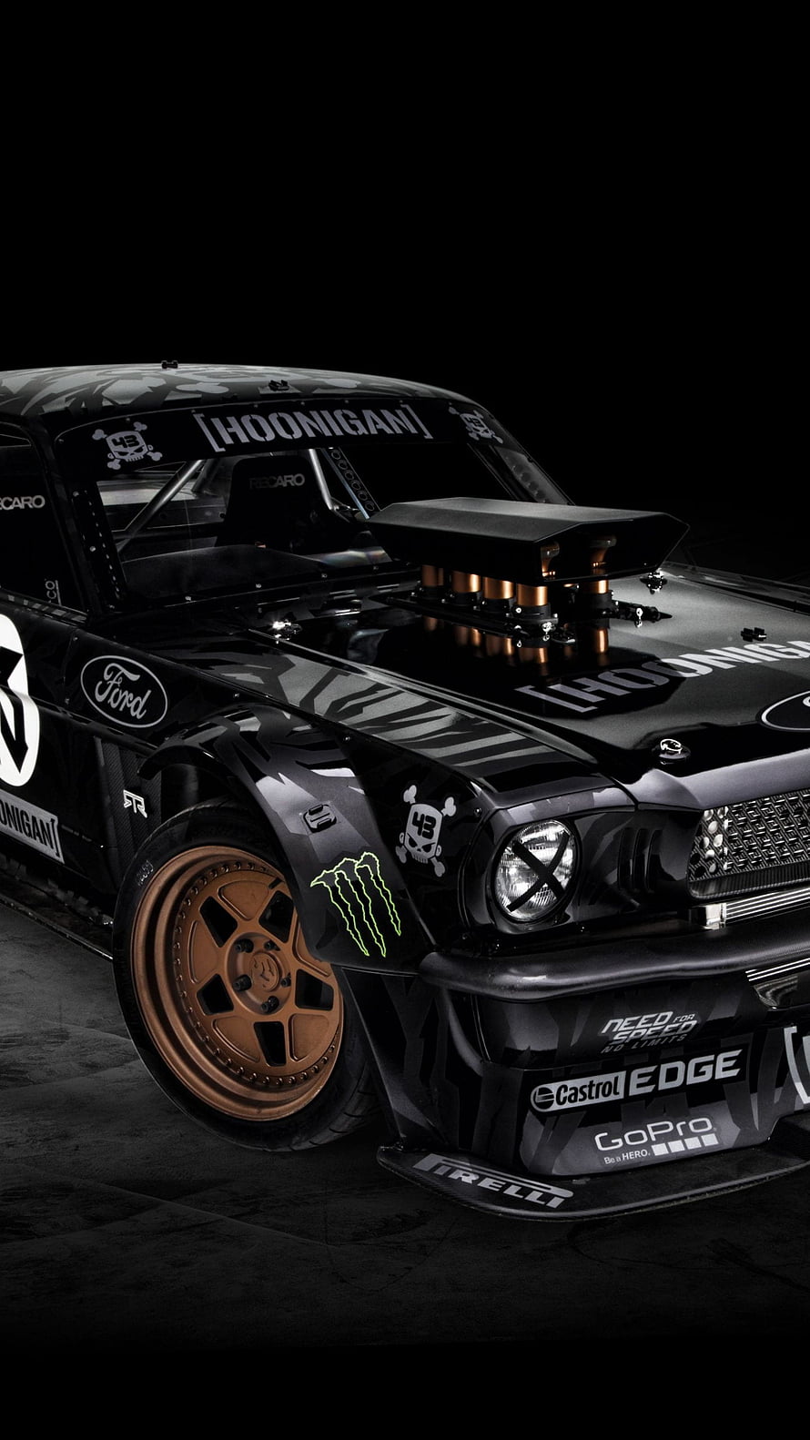 Ken Block Hoonigan Ford Mustang Drag Car with Supercharger and Bronze Wheels HD phone wallpaper